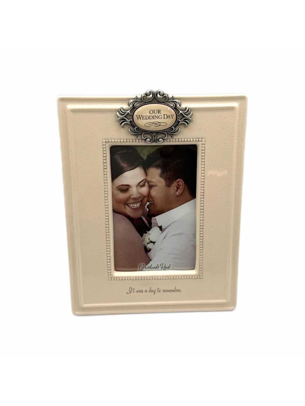 Vintage Grasslands Road “Our Wedding Day” White Ceramic Picture Frame – 4x6-Inch